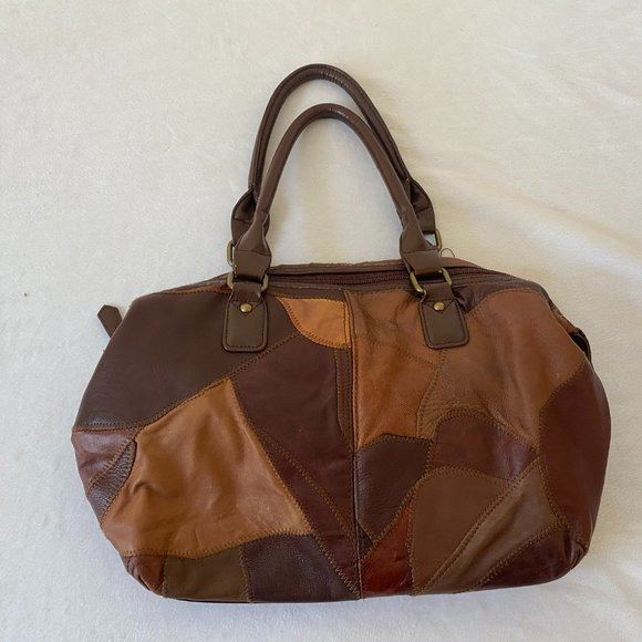 Necessary Objects Patchwork Handbag Vegan Leather Satchel Purse - Picture 2 of 12